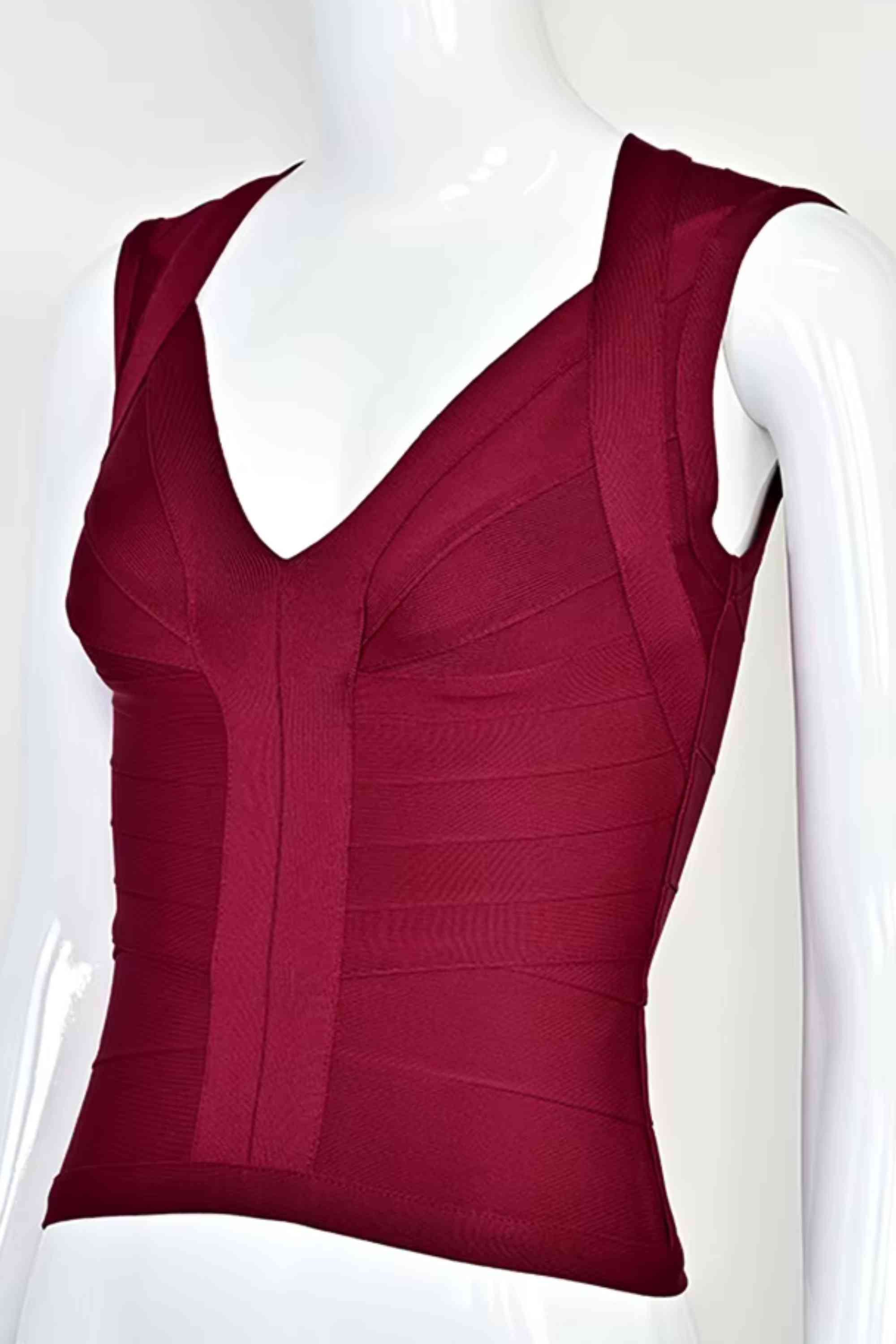 Woman wearing a figure flattering  Sabrina Bandage Top - Red Wine BODYCON COLLECTION Pty Ltd