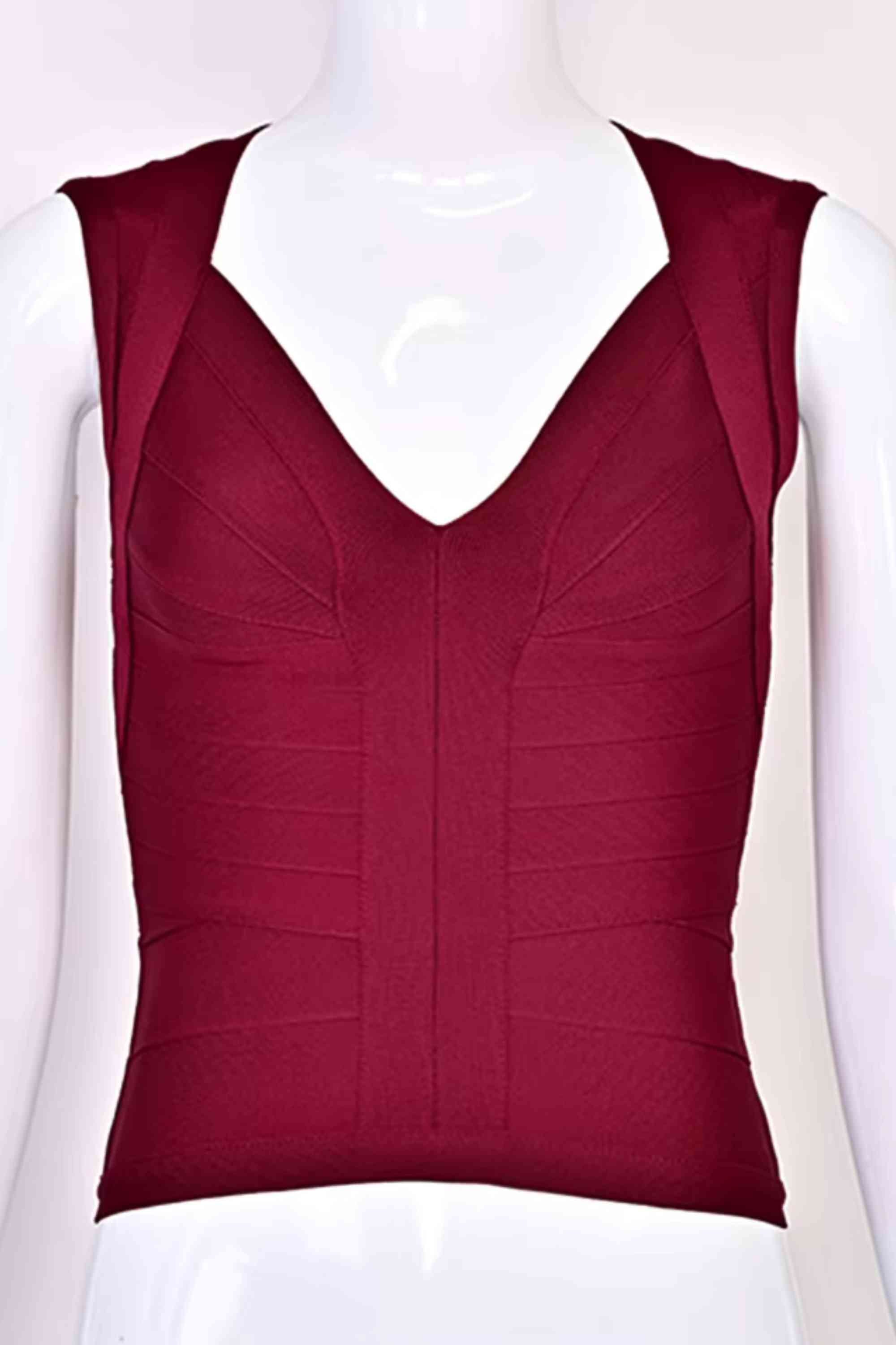 Woman wearing a figure flattering  Sabrina Bandage Top - Red Wine BODYCON COLLECTION Pty Ltd