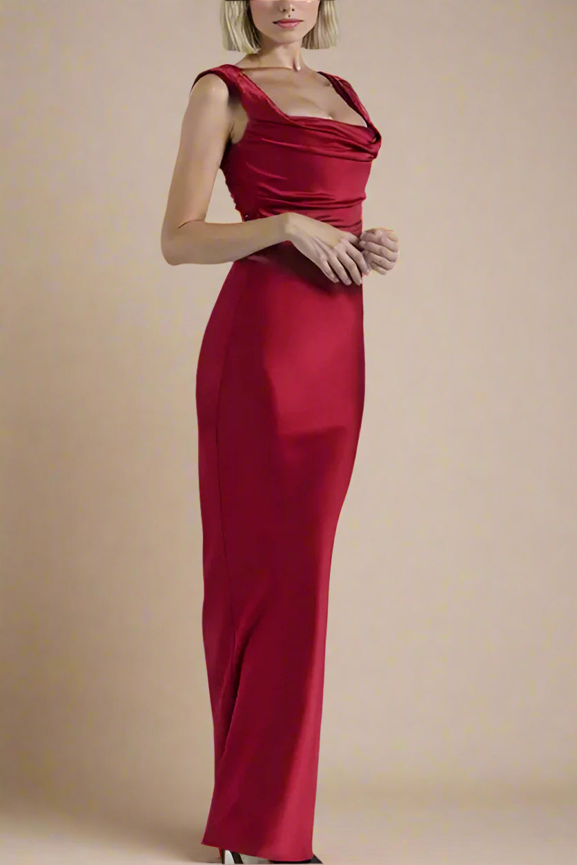 Woman wearing a figure flattering  Sabrina Wrap Top and Maxi Skirt Outfit Set - Lipstick Red BODYCON COLLECTION