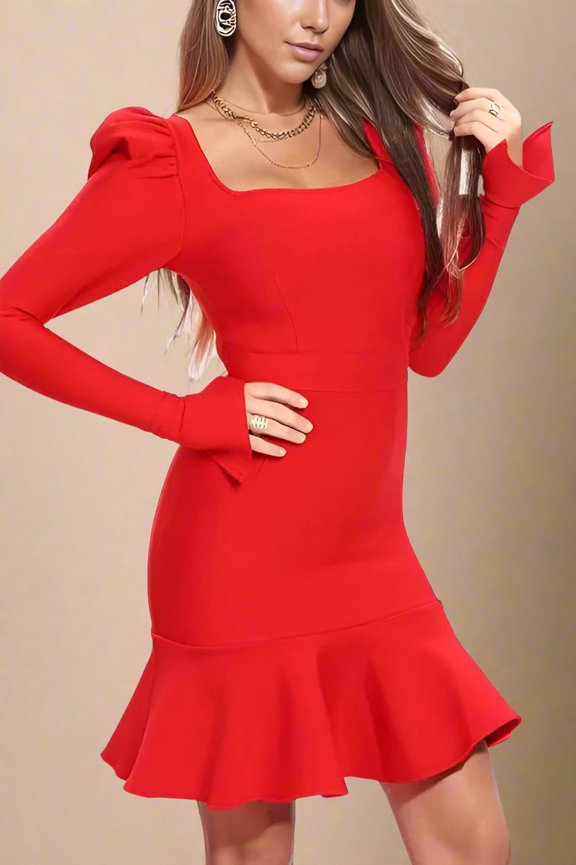 Woman wearing a figure flattering  Sara Bodycon Long Sleeve Mini Dress - Lipstick Red BODYCON COLLECTION