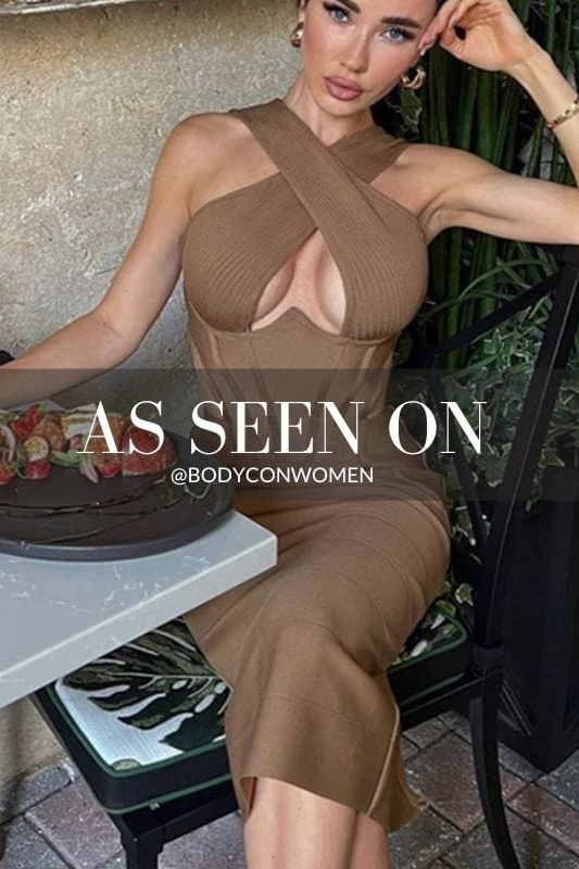Woman wearing a figure flattering  Sasha Bandage Midi Dress - Tan BODYCON COLLECTION