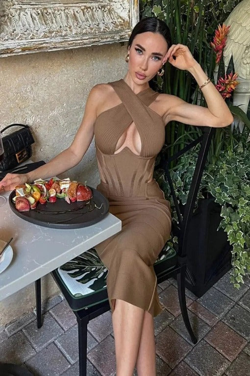 Woman wearing a figure flattering  Sasha Bandage Midi Dress - Tan BODYCON COLLECTION