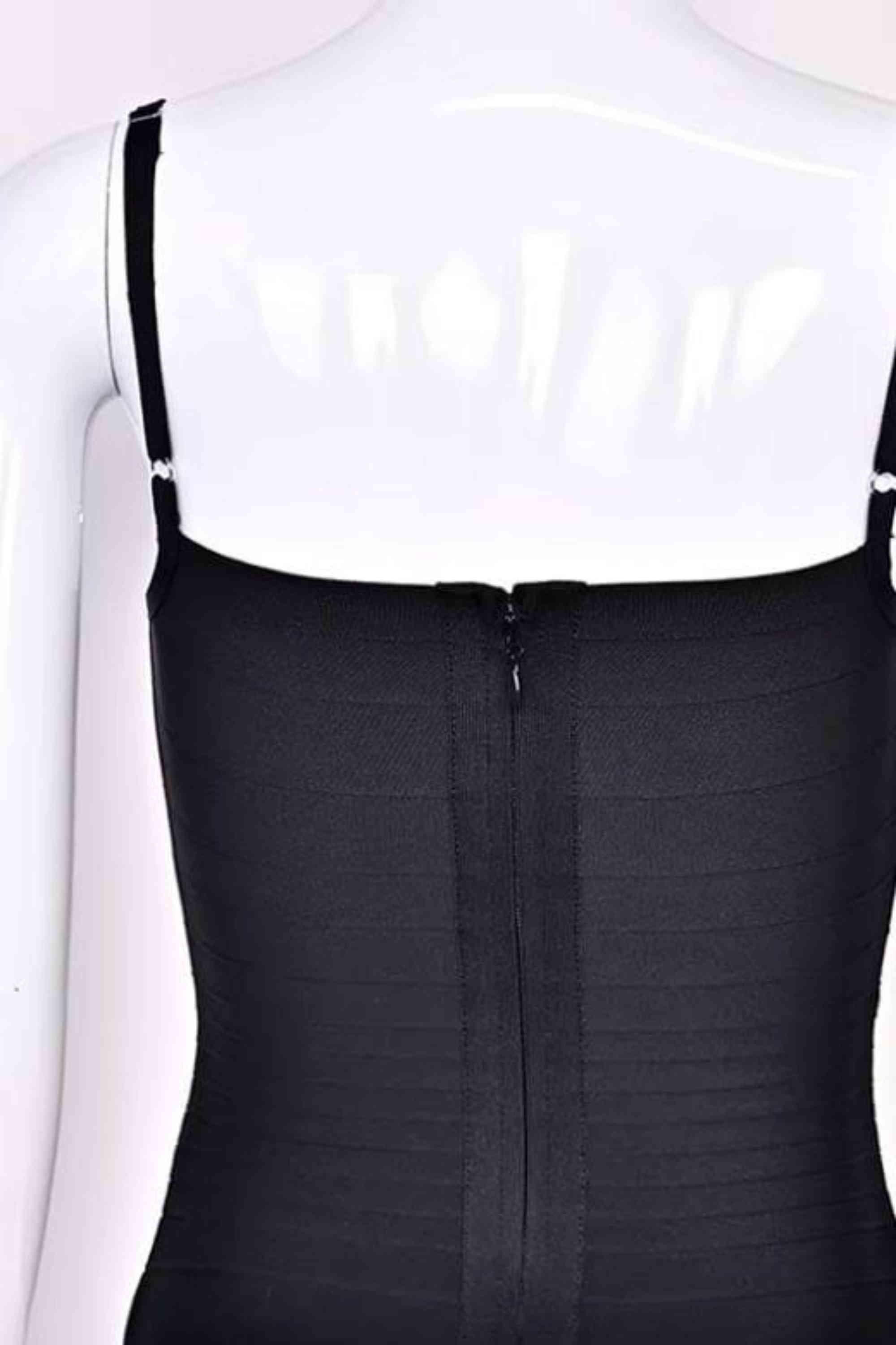 Woman wearing a figure flattering  Scarlett Bandage Mini Dress - Classic Black BODYCON COLLECTION Pty Ltd