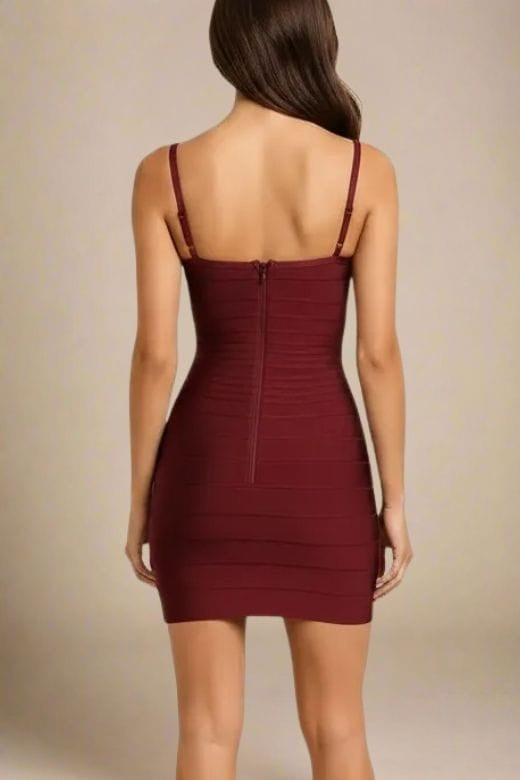 Woman wearing a figure flattering  Scarlett Bandage Mini Dress - Red Wine BODYCON COLLECTION Pty Ltd