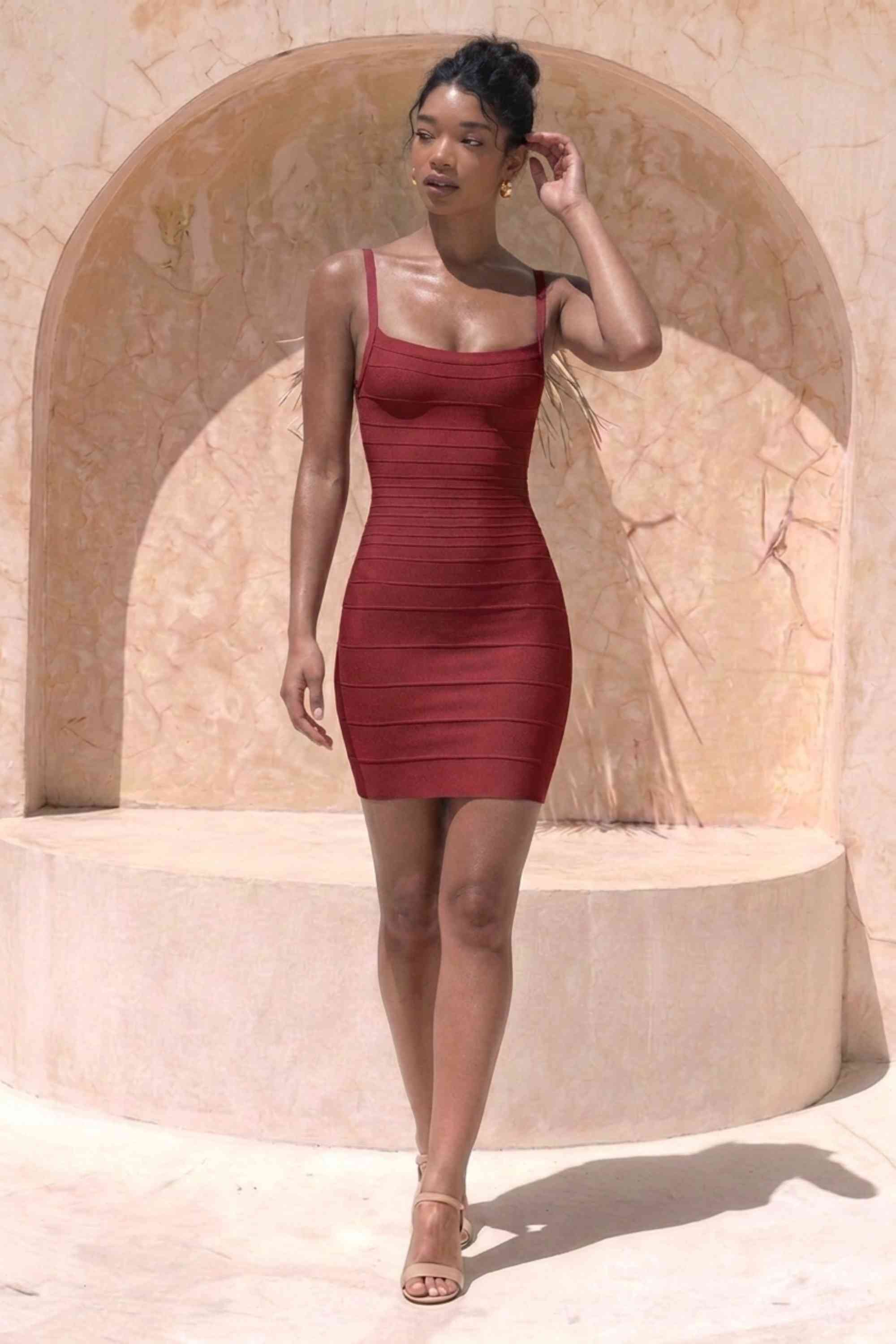 Woman wearing a figure flattering  Scarlett Bandage Mini Dress - Red Wine BODYCON COLLECTION Pty Ltd