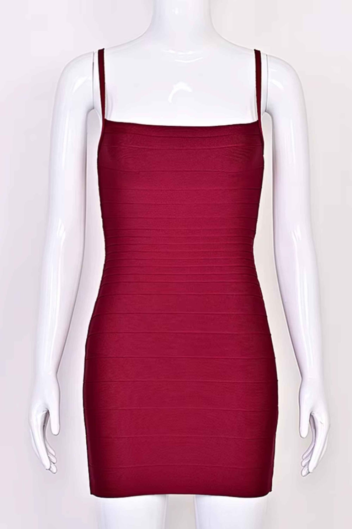 Woman wearing a figure flattering  Scarlett Bandage Mini Dress - Red Wine BODYCON COLLECTION Pty Ltd
