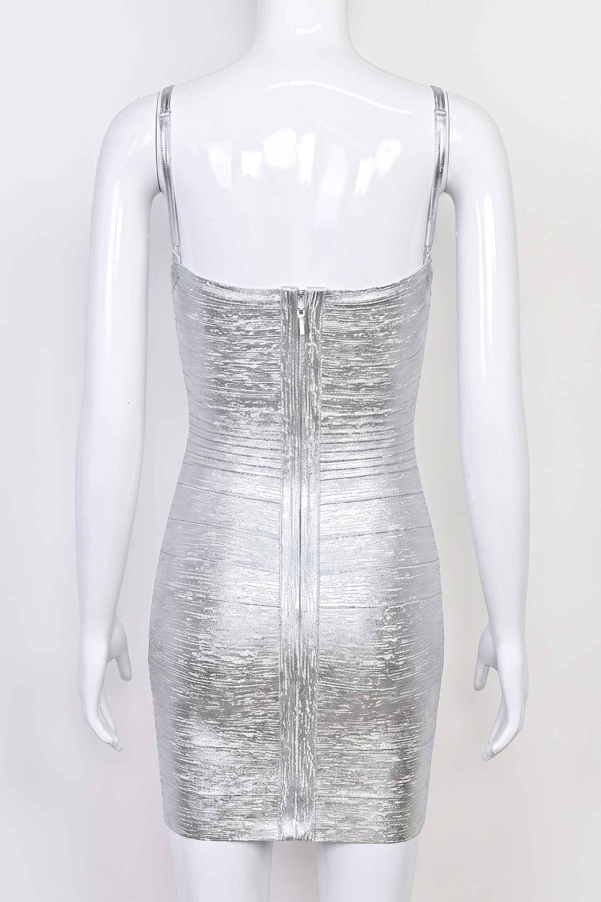 Woman wearing a figure flattering  Scarlett Bandage Mini Dress - Silver BODYCON COLLECTION Pty Ltd