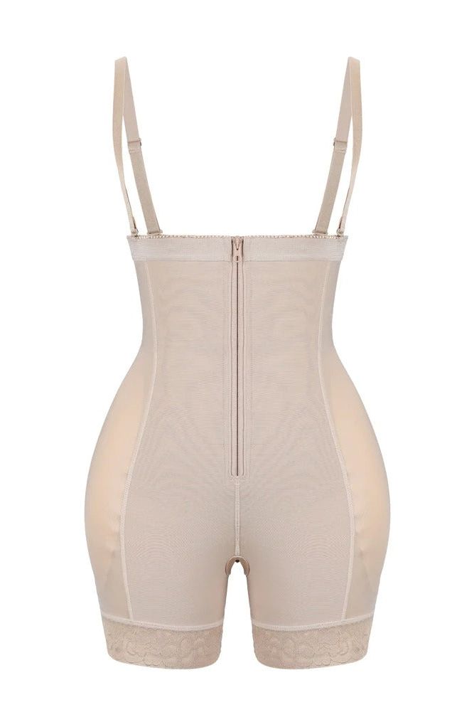 Woman wearing a figure flattering  Sculpting Corset Bodysuit Shapewear With Straps - Mid Thigh Bodycon Collection