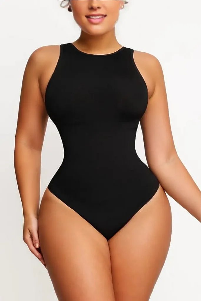 Woman wearing a figure flattering  Sculpting High Neck One Piece Bodysuit Shapewear - Panties Bodycon Collection