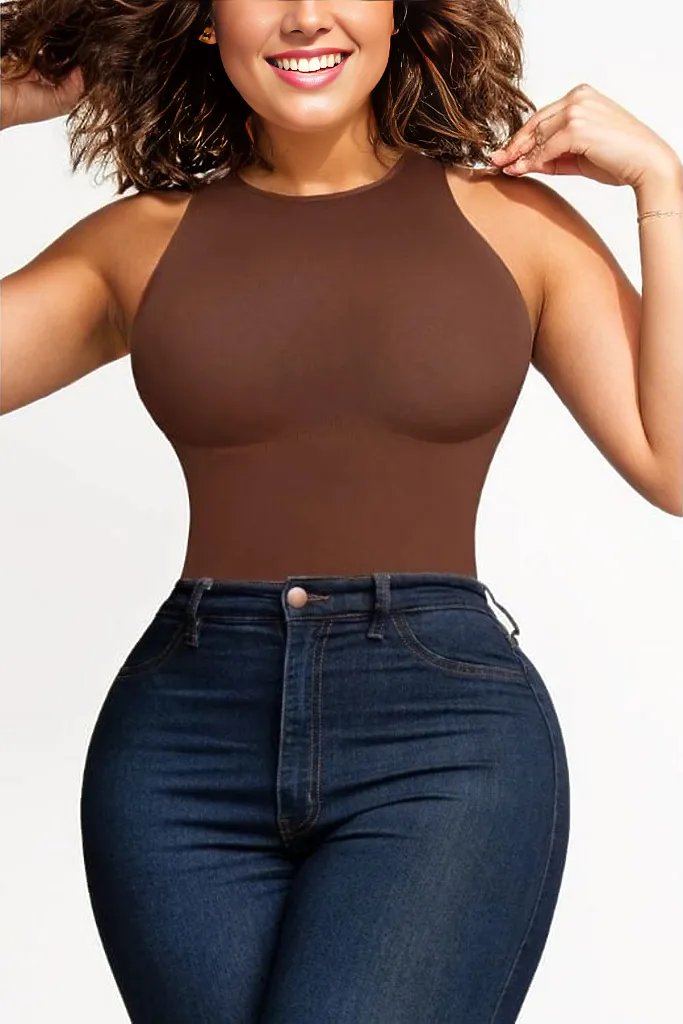 Woman wearing a figure flattering  Sculpting High Neck One Piece Bodysuit Shapewear - Panties Bodycon Collection