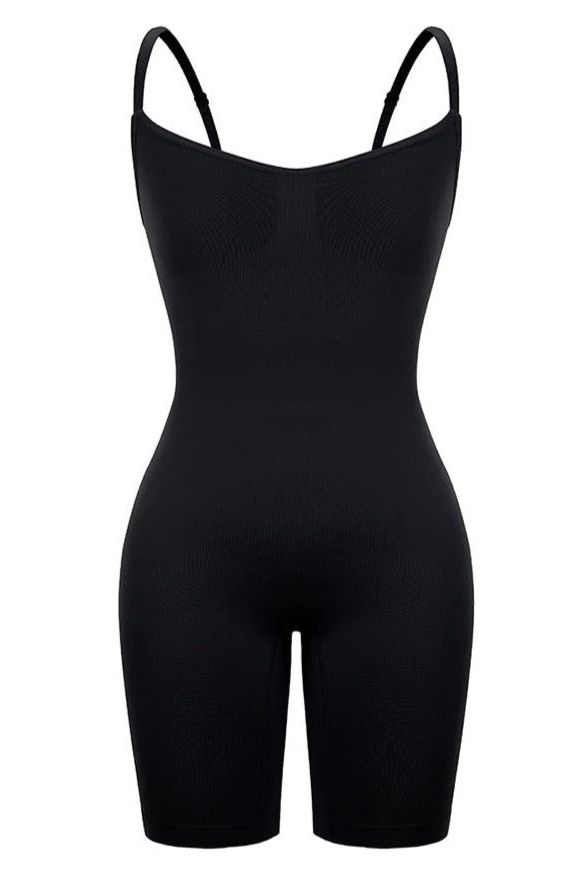 Woman wearing a figure flattering  Sculpting One Piece Bodysuit Shapewear - Mid Thigh Bodycon Collection
