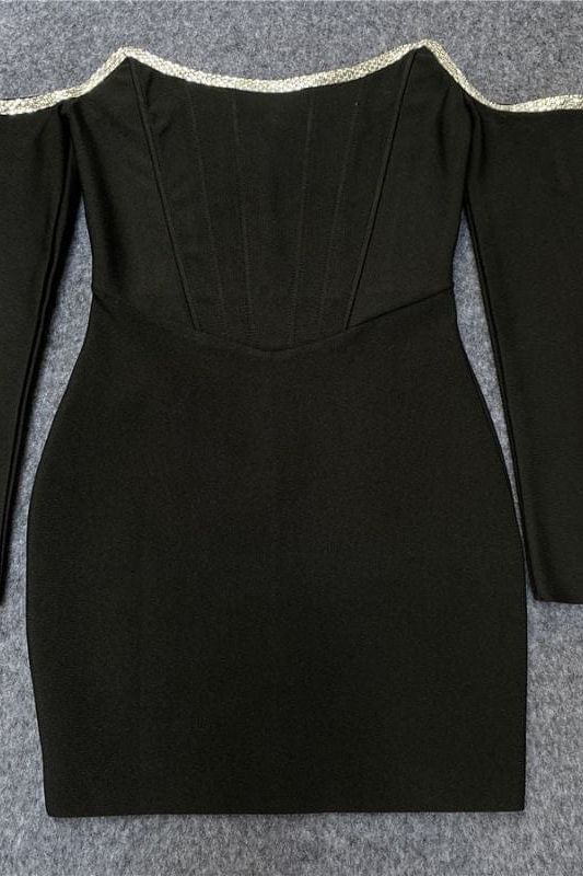 Woman wearing a figure flattering  Seline Long Sleeve Bodycon Mini Dress - Classic Black BODYCON COLLECTION