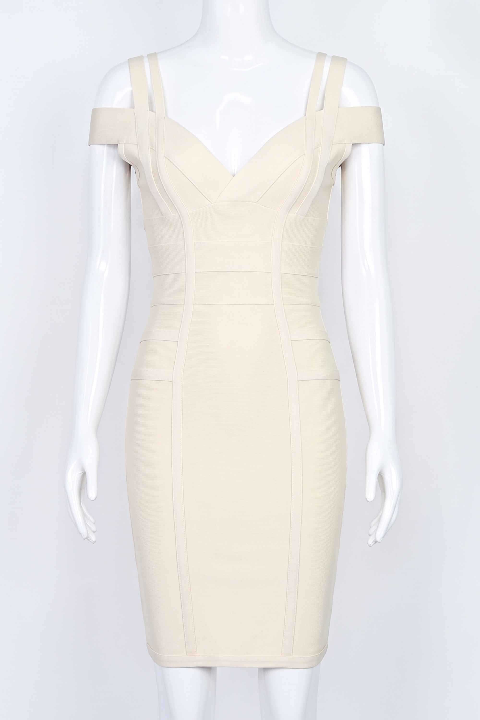 Woman wearing a figure flattering  Sia Bandage Dress - Cream Bodycon Collection