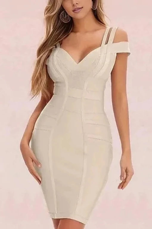 Woman wearing a figure flattering  Sia Bandage Dress - Cream Bodycon Collection
