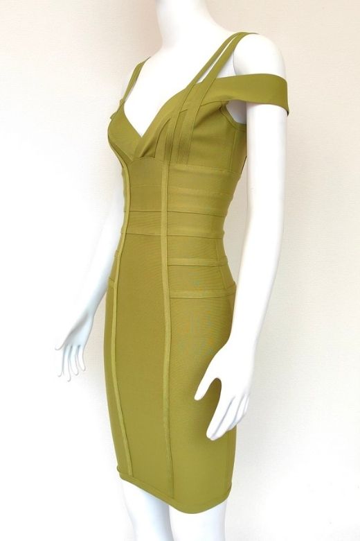 Woman wearing a figure flattering  Sia Bandage Dress - Olive Green Bodycon Collection