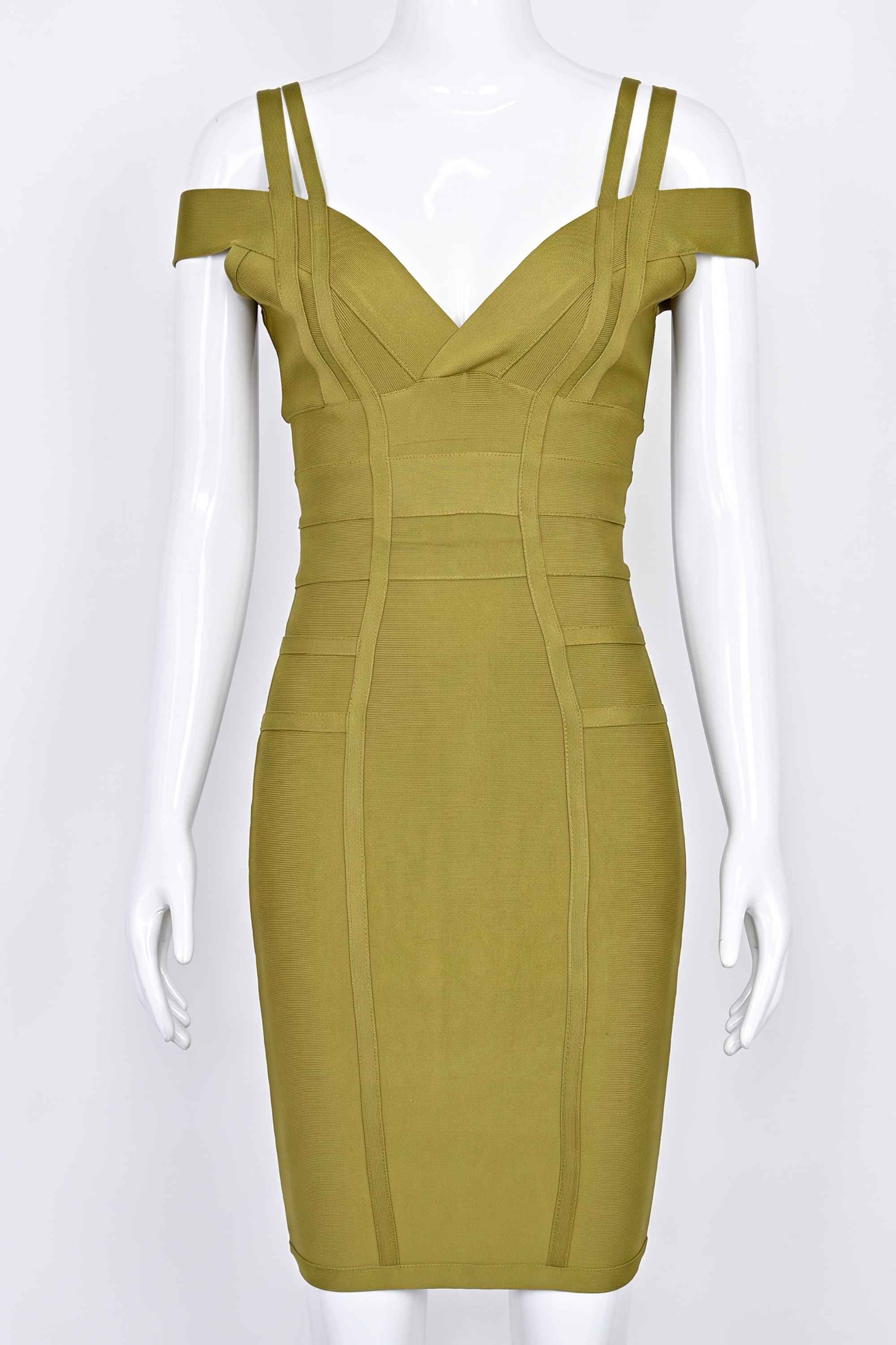 Woman wearing a figure flattering  Sia Bandage Dress - Olive Green Bodycon Collection