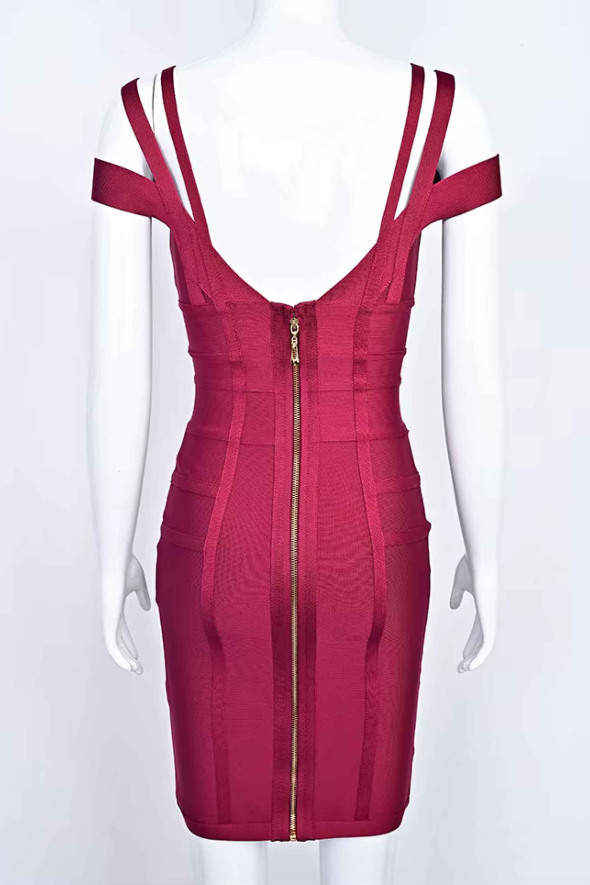 Woman wearing a figure flattering  Sia Bandage Dress - Red Wine Bodycon Collection