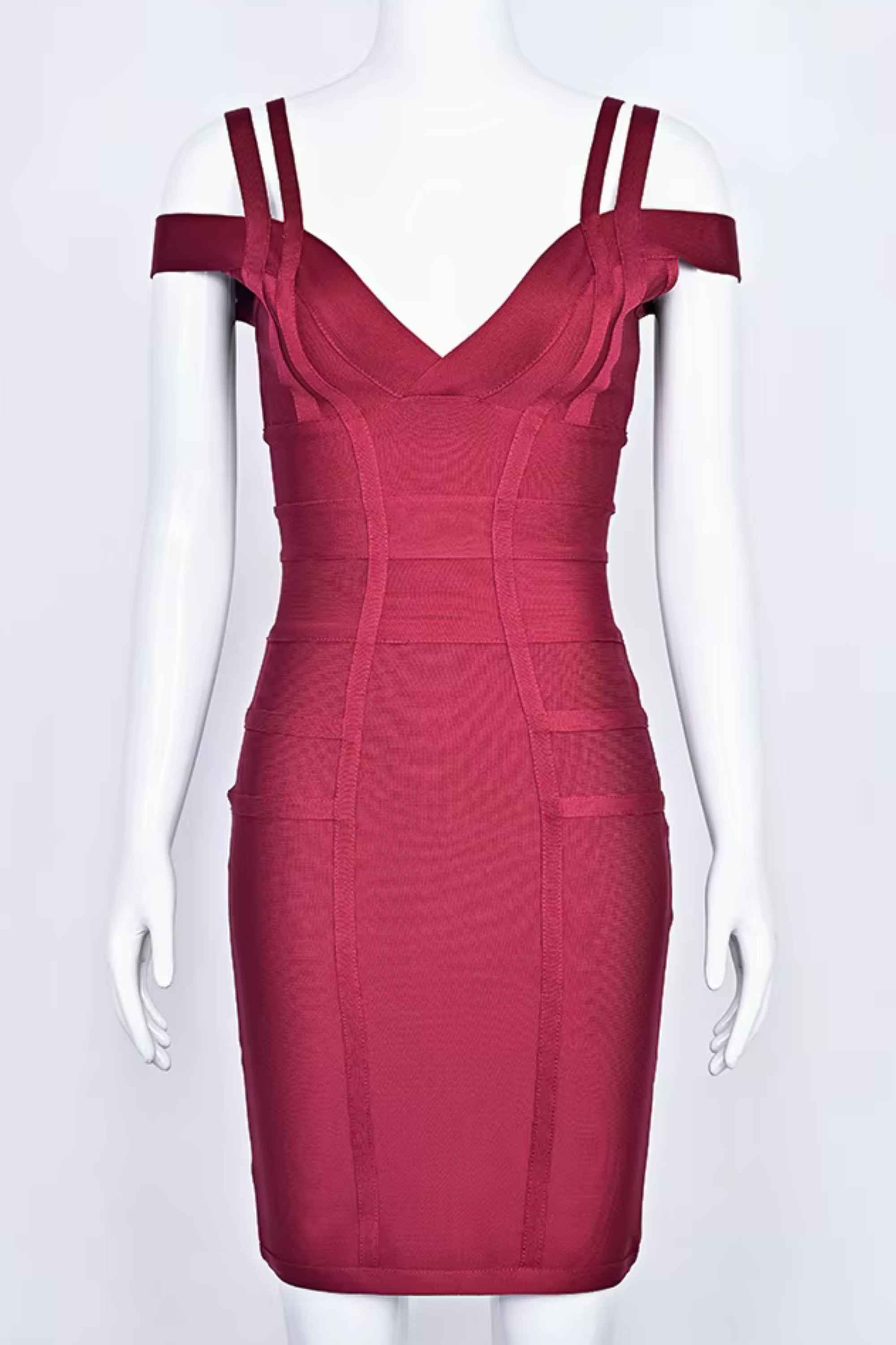 Woman wearing a figure flattering  Sia Bandage Dress - Red Wine Bodycon Collection