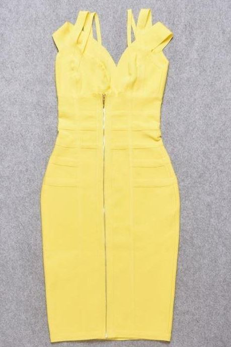 Woman wearing a figure flattering  Sia Bandage Dress - Sun Yellow Bodycon Collection