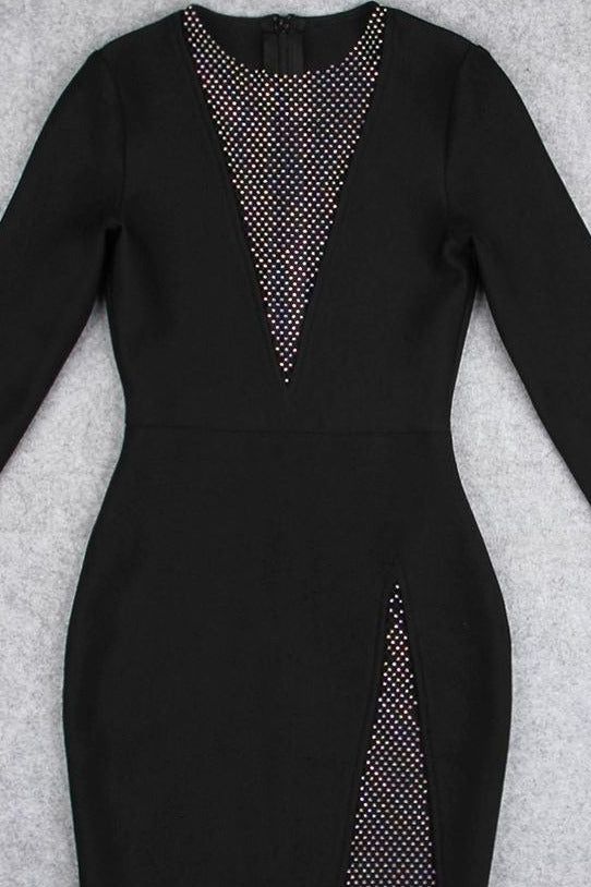 Woman wearing a figure flattering  Sofie Long Sleeve Bodycon Mini Dress - Classic Black BODYCON COLLECTION