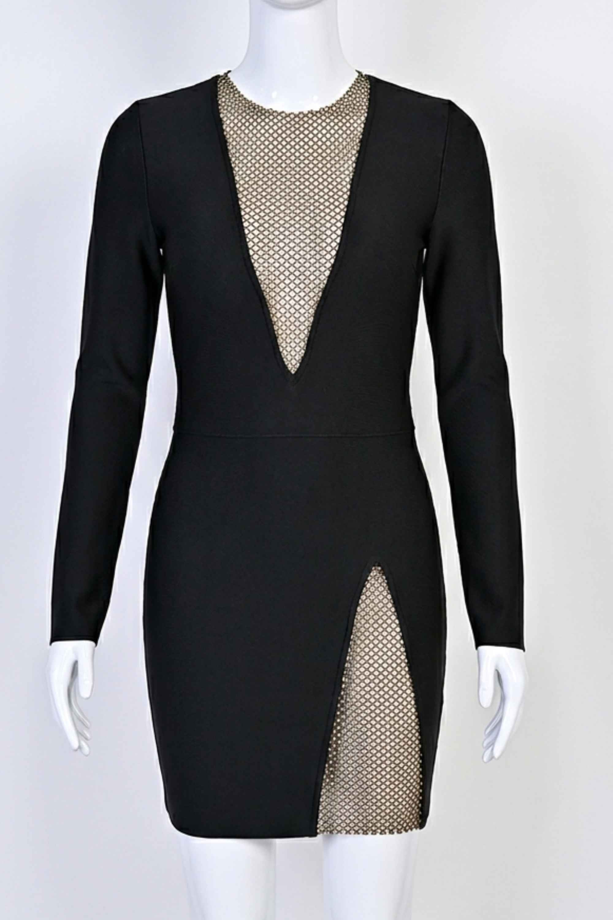 Woman wearing a figure flattering  Sofie Long Sleeve Bodycon Mini Dress - Classic Black BODYCON COLLECTION