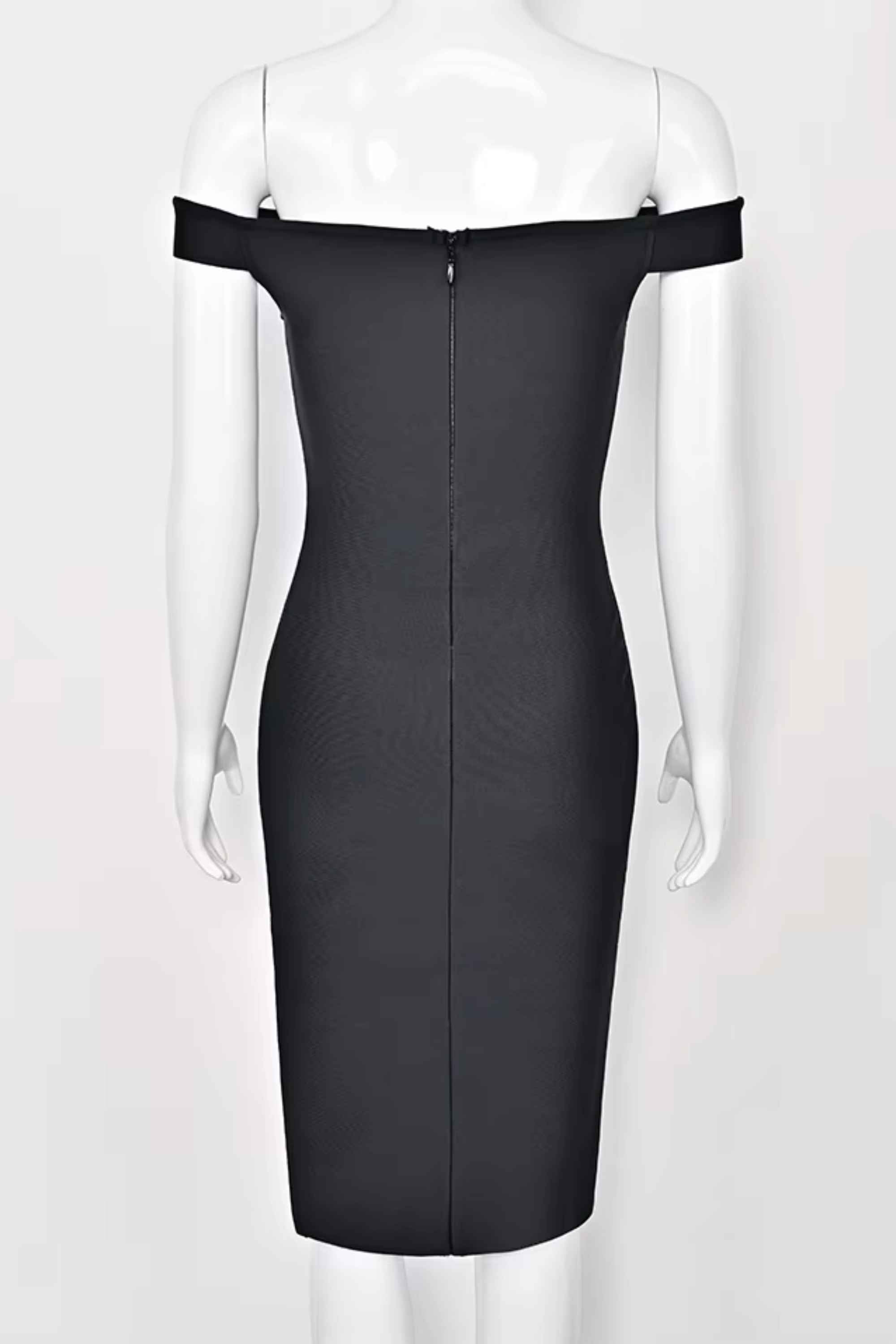 Woman wearing a figure flattering  Sofie Off Shoulder Bodycon Dress - Classic Black BODYCON COLLECTION