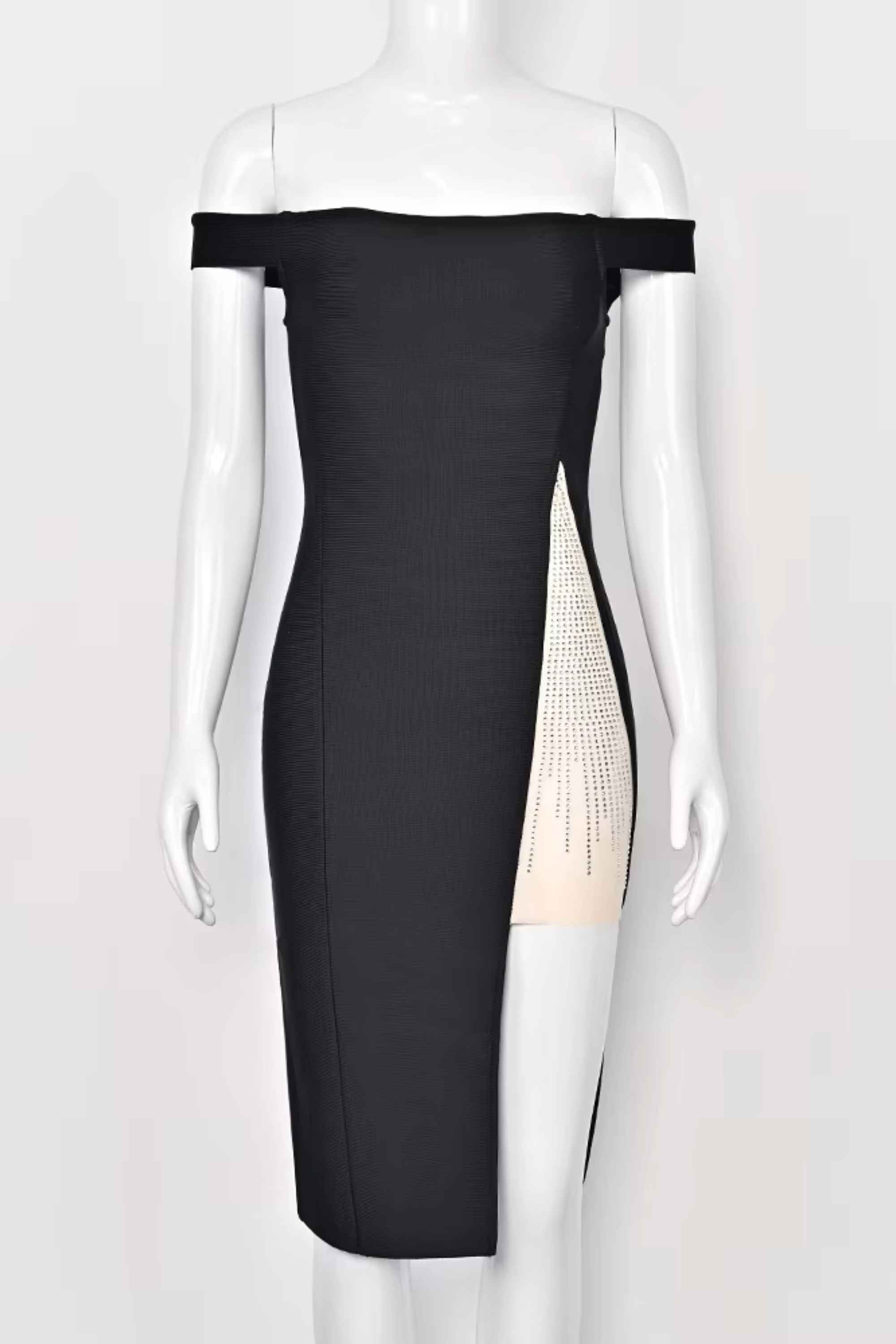Woman wearing a figure flattering  Sofie Off Shoulder Bodycon Dress - Classic Black BODYCON COLLECTION