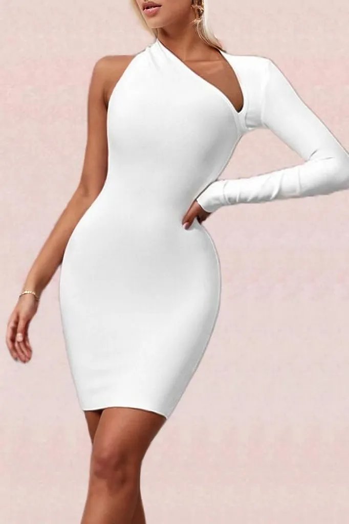 Woman wearing a figure flattering  Soho Long Sleeve Bandage Mini Dress - Pearl White BODYCON COLLECTION