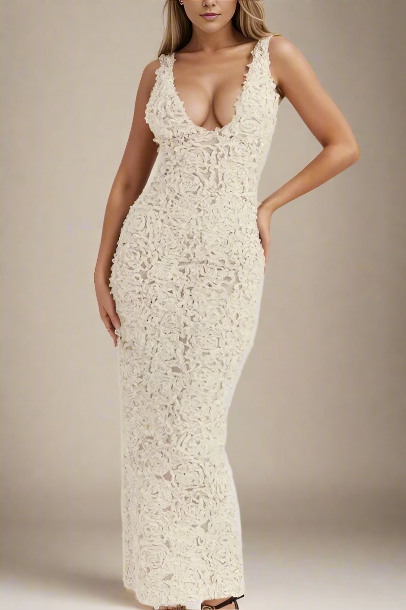 Woman wearing a figure flattering  Sonia Bodycon Maxi Dress - Pearl White BODYCON COLLECTION