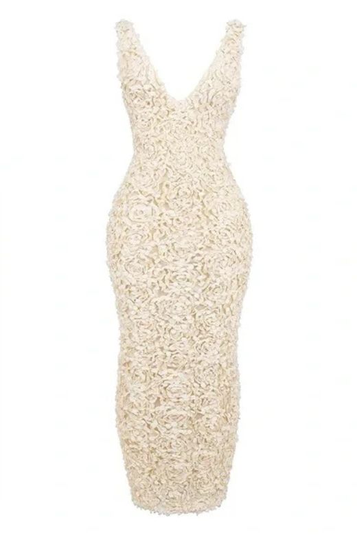 Woman wearing a figure flattering  Sonia Bodycon Maxi Dress - Pearl White BODYCON COLLECTION