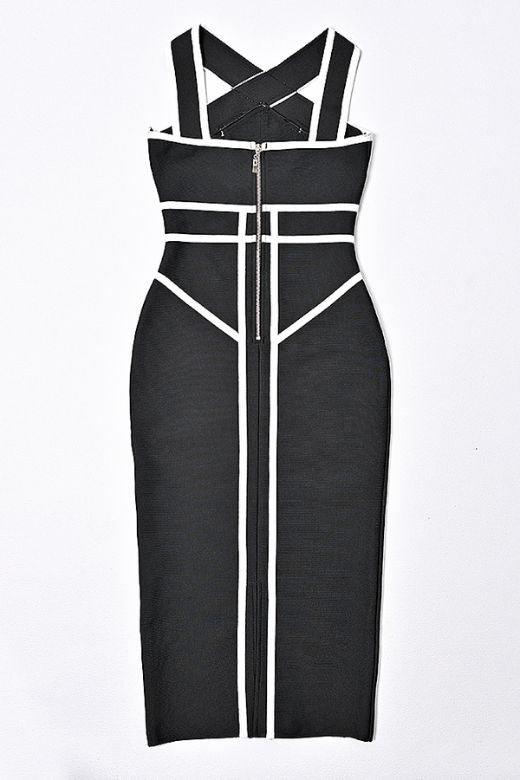 Woman wearing a figure flattering  Suki Bandage Midi Dress - Classic Black BODYCON COLLECTION