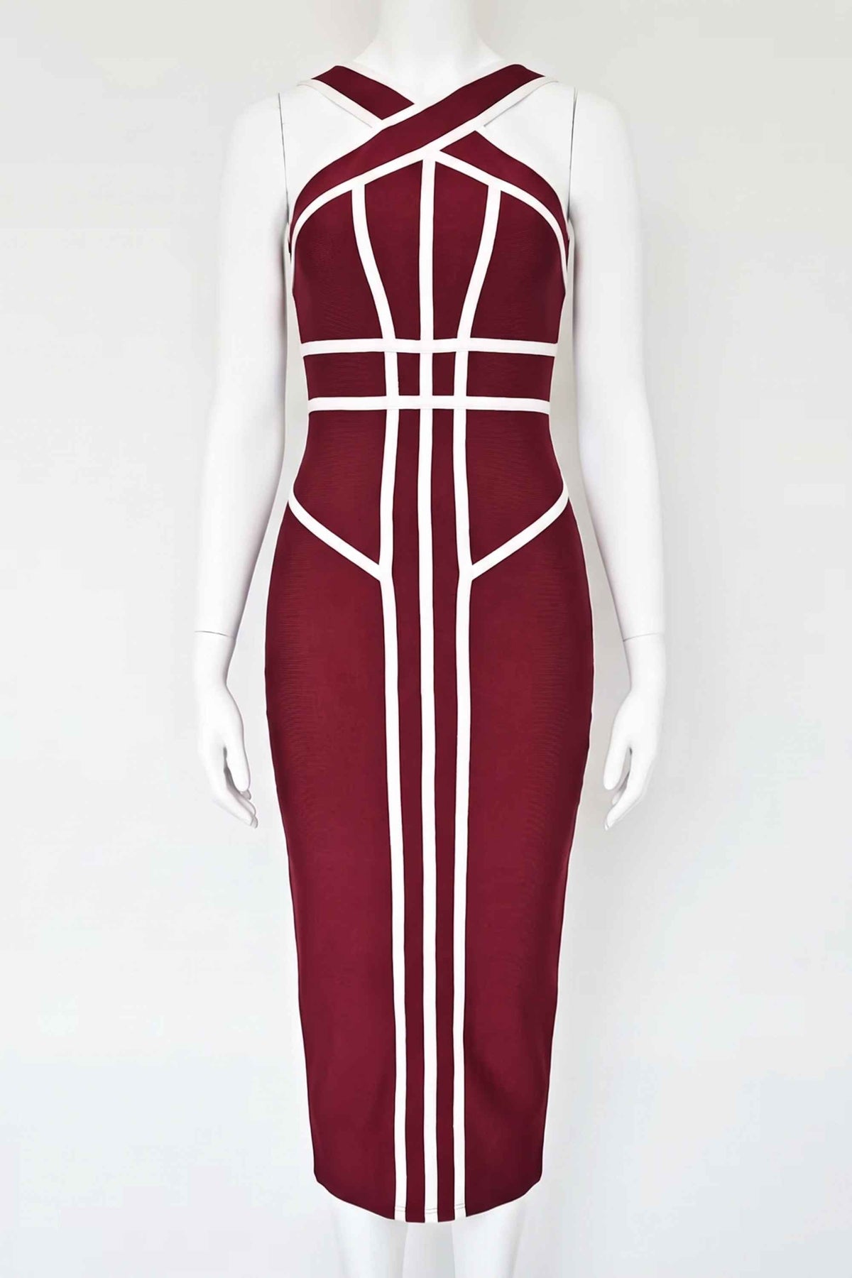 Woman wearing a figure flattering  Suki Bandage Midi Dress - Red Wine BODYCON COLLECTION