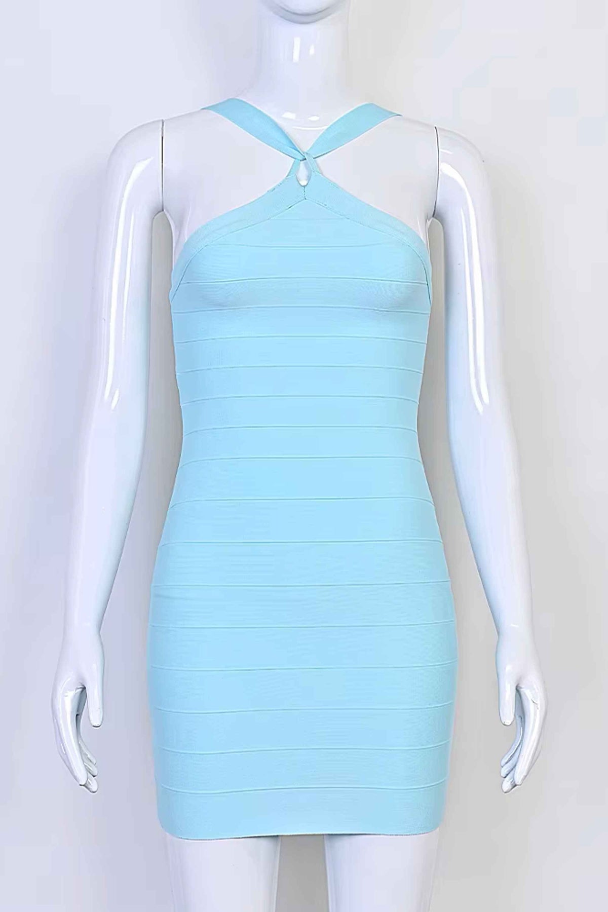 Woman wearing a figure flattering  Sydney Bandage Mini Dress - Sky Blue BODYCON COLLECTION Pty Ltd
