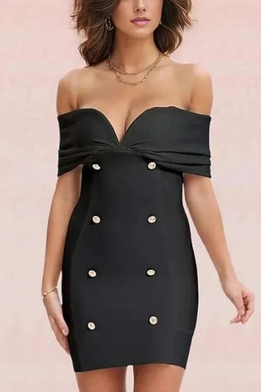 Woman wearing a figure flattering  Tanya Bandage Mini Dress - Classic Black BODYCON COLLECTION