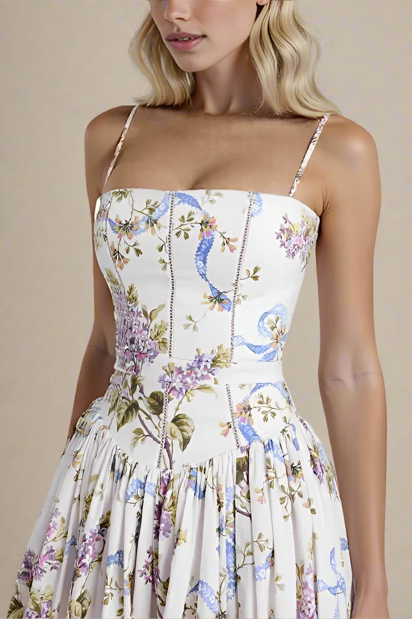 Woman wearing a figure flattering  Tasmin Bodycon Midi Dress - White Floral BODYCON COLLECTION