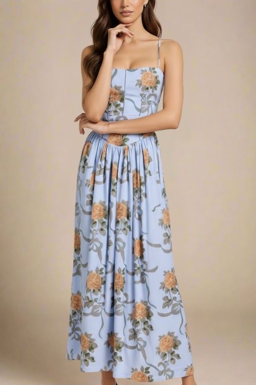 Woman wearing a figure flattering  Tasmin Midi Dress - Sky Blue BODYCON COLLECTION