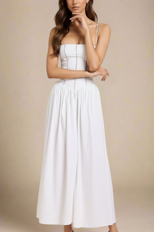 Woman wearing a figure flattering  Tasmin Midi Dress - White Pearl BODYCON COLLECTION
