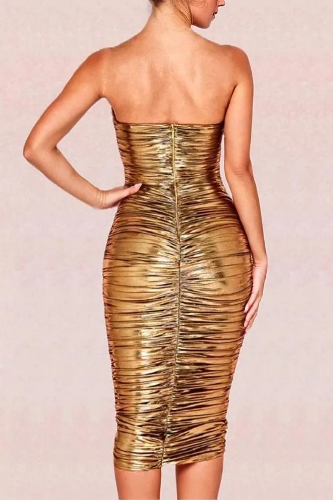 Woman wearing a figure flattering  Terese Bodycon Wrap Dress - Gold BODYCON COLLECTION