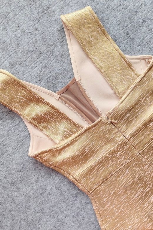 Woman wearing a figure flattering  Tyler Bodycon Dress - Gold BODYCON COLLECTION Pty Ltd