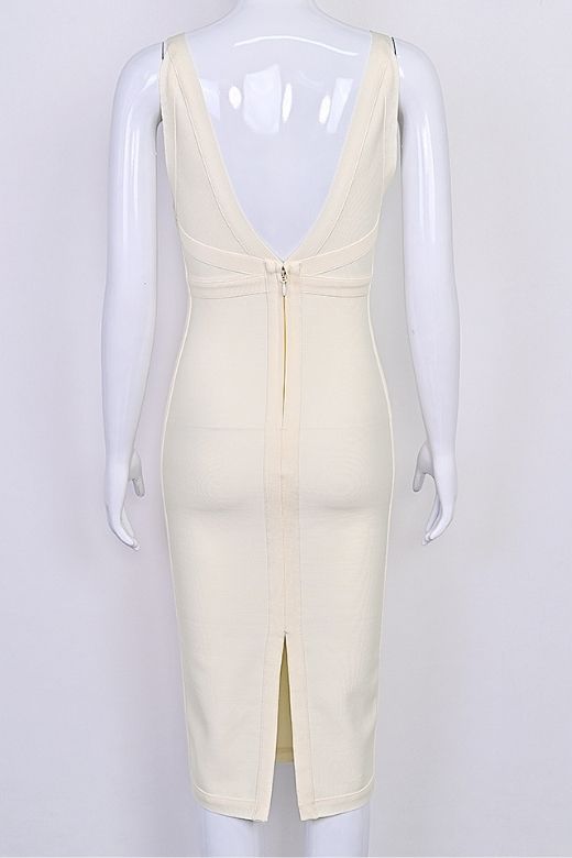 Woman wearing a figure flattering  Tyra Bandage Midi Dress - Cream BODYCON COLLECTION Pty Ltd