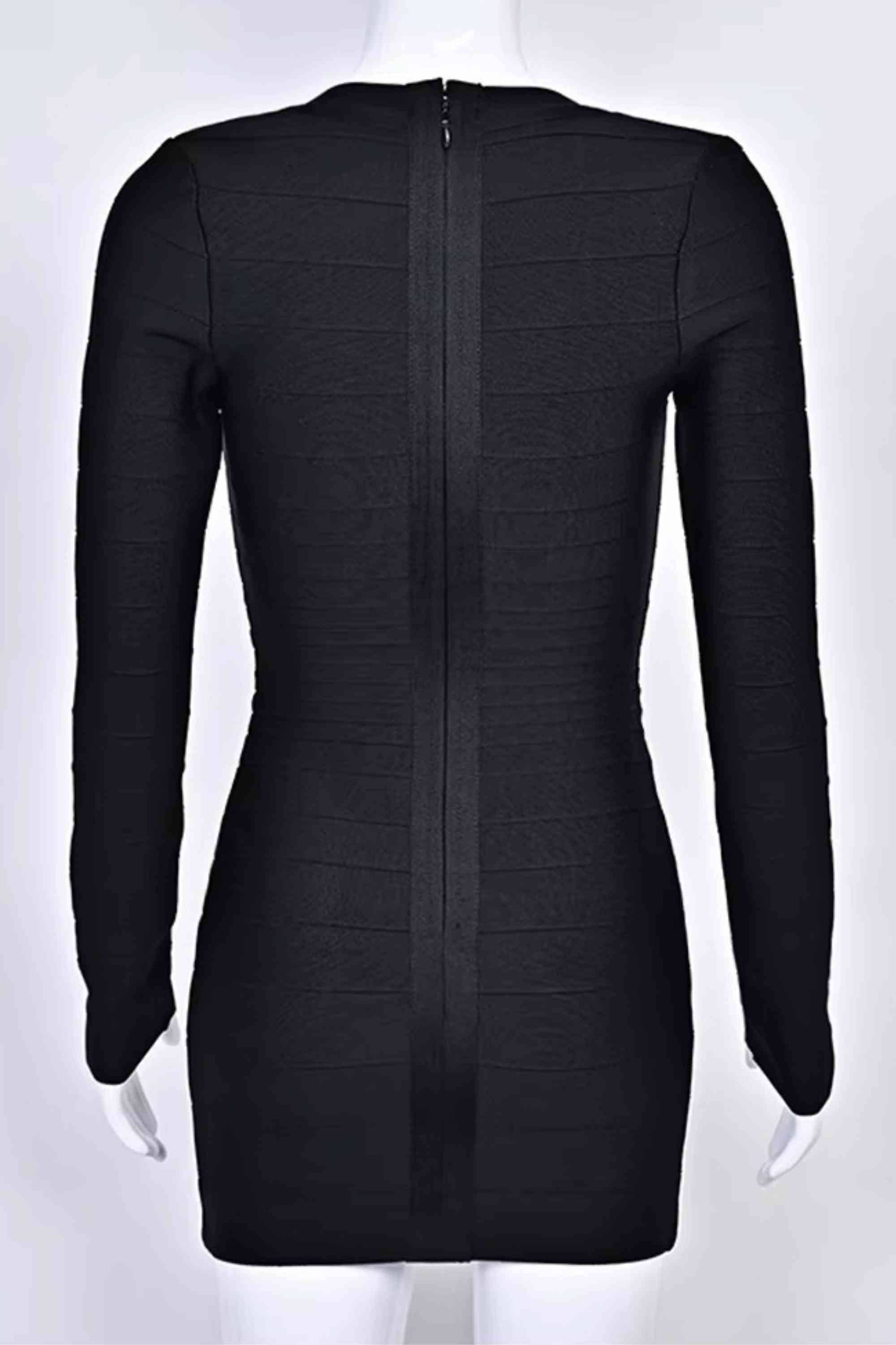 Woman wearing a figure flattering  Valentina Long Sleeve Bandage Mini Dress - Classic Black BODYCON COLLECTION Pty Ltd