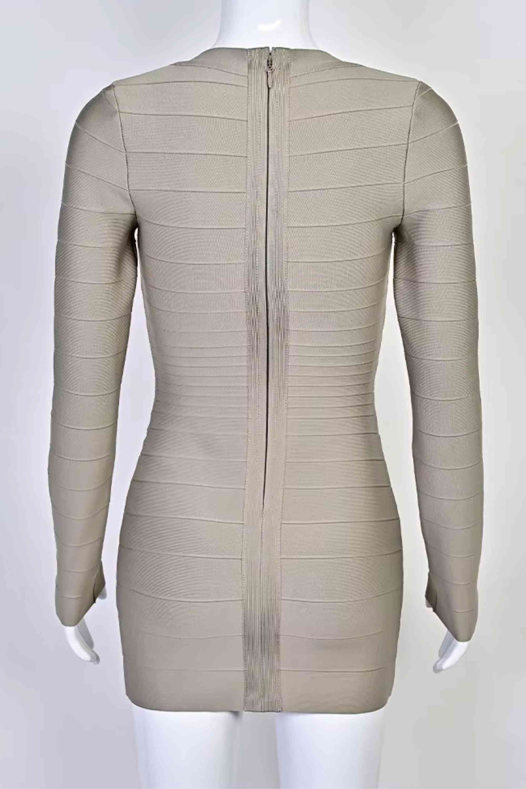 Woman wearing a figure flattering  Valentina Long Sleeve Bandage Mini Dress - Oyster Grey BODYCON COLLECTION Pty Ltd