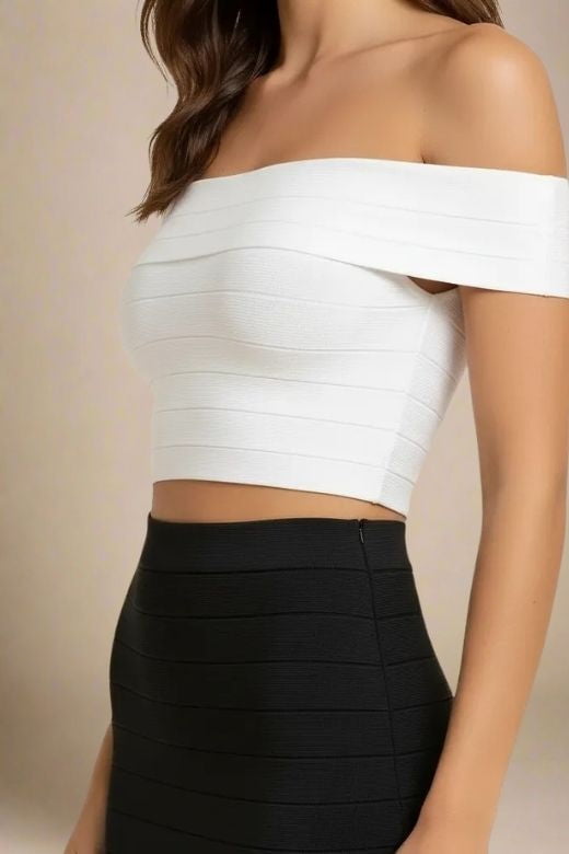 Woman wearing a figure flattering  Vera Bandage Off Shoulder Top - White Pearl BODYCON COLLECTION Pty Ltd