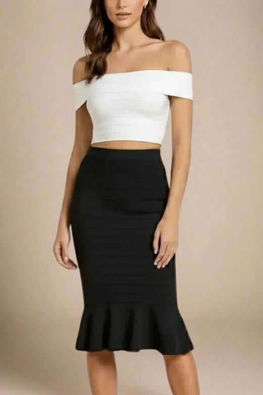 Woman wearing a figure flattering  Vera Bandage Off Shoulder Top - White Pearl BODYCON COLLECTION Pty Ltd