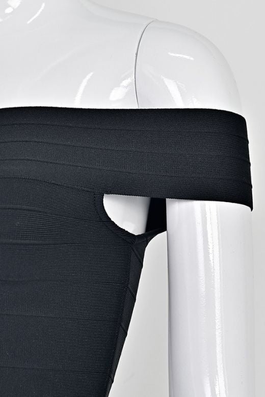 Woman wearing a figure flattering  Vera Bandage Off Shoulder Top - White Pearl BODYCON COLLECTION Pty Ltd