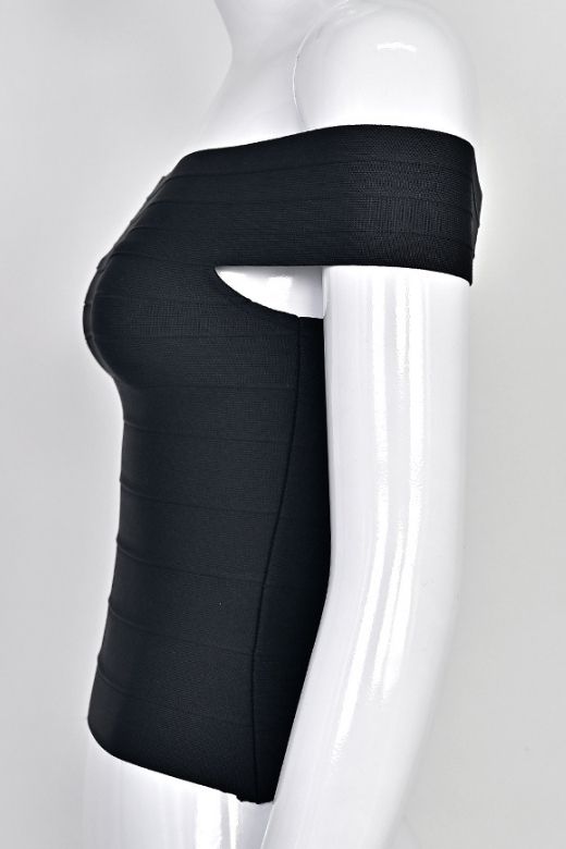 Woman wearing a figure flattering  Vera Bandage Off Shoulder Top - White Pearl BODYCON COLLECTION Pty Ltd