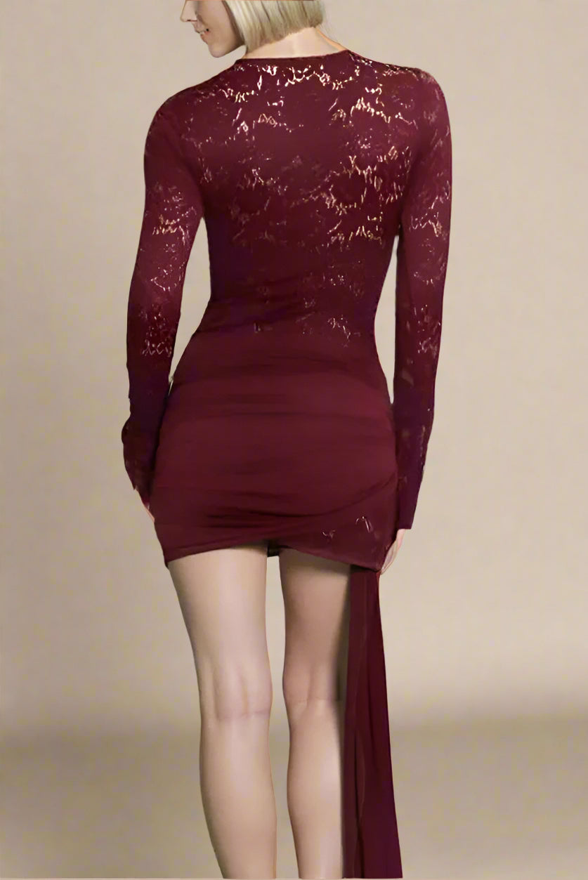 Woman wearing a figure flattering  Vera Long Sleeve Bodycon Wrap Mini Dress - Red Wine BODYCON COLLECTION