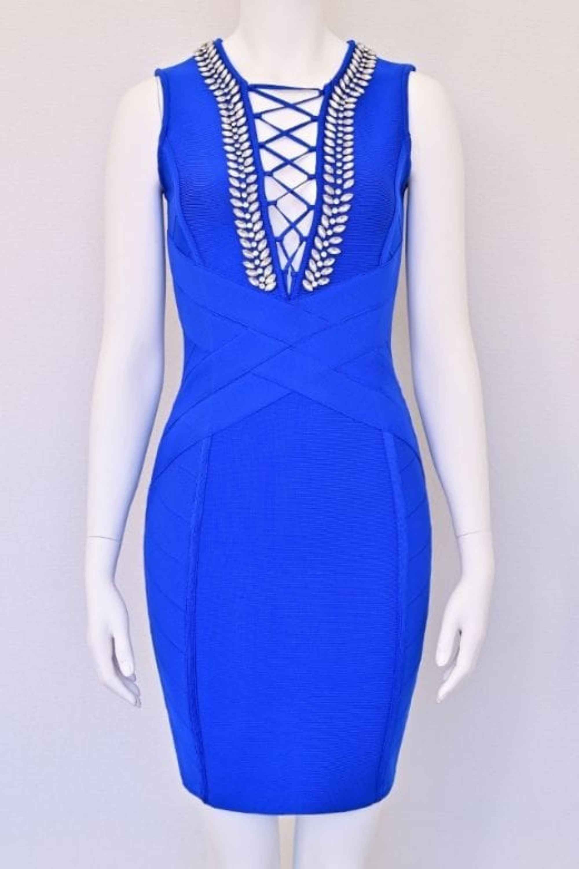 Woman wearing a figure flattering  Vivian Bandage Dress - Royal Blue BODYCON COLLECTION Pty Ltd