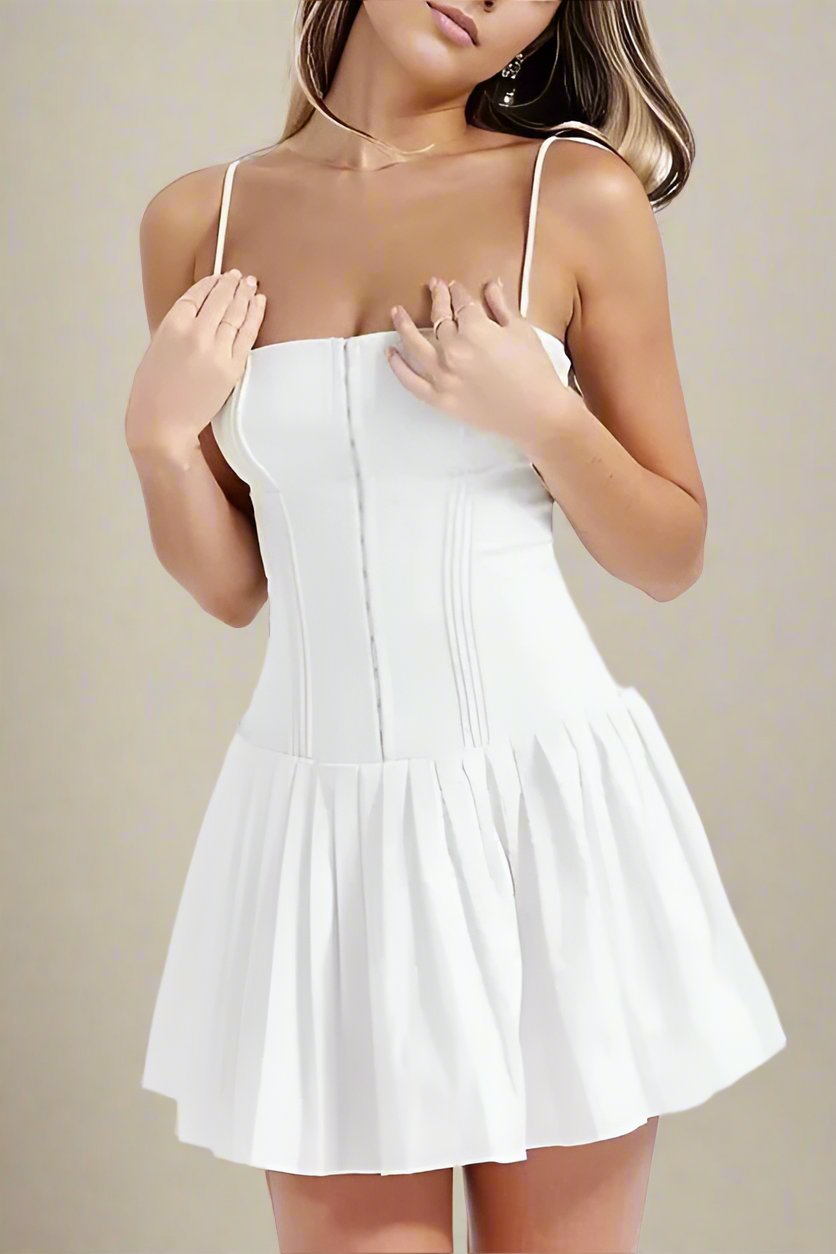 Woman wearing a figure flattering  Vivien Bodycon Mini Dress - Pearl White BODYCON COLLECTION