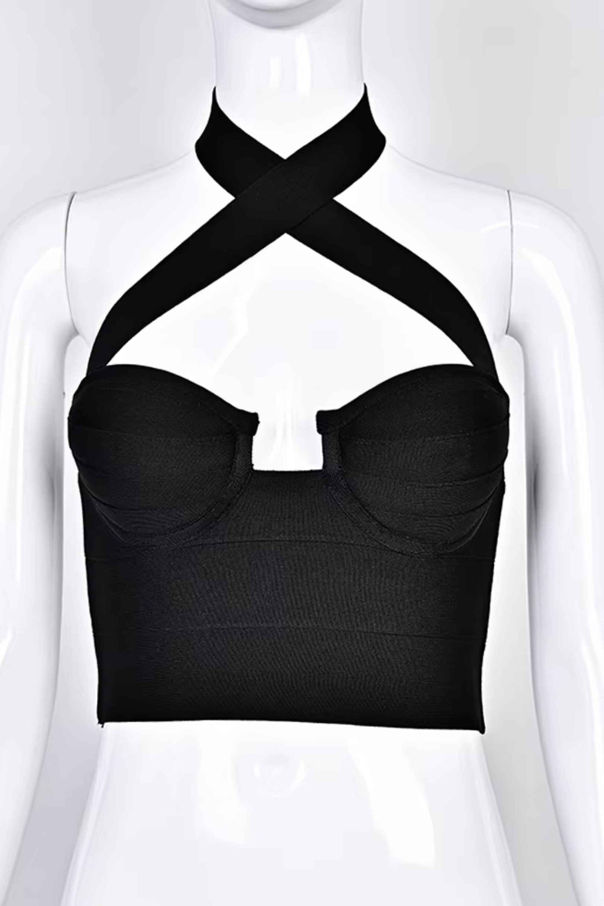 Woman wearing a figure flattering  Willow Bandage Crop Top - Classic Black BODYCON COLLECTION Pty Ltd